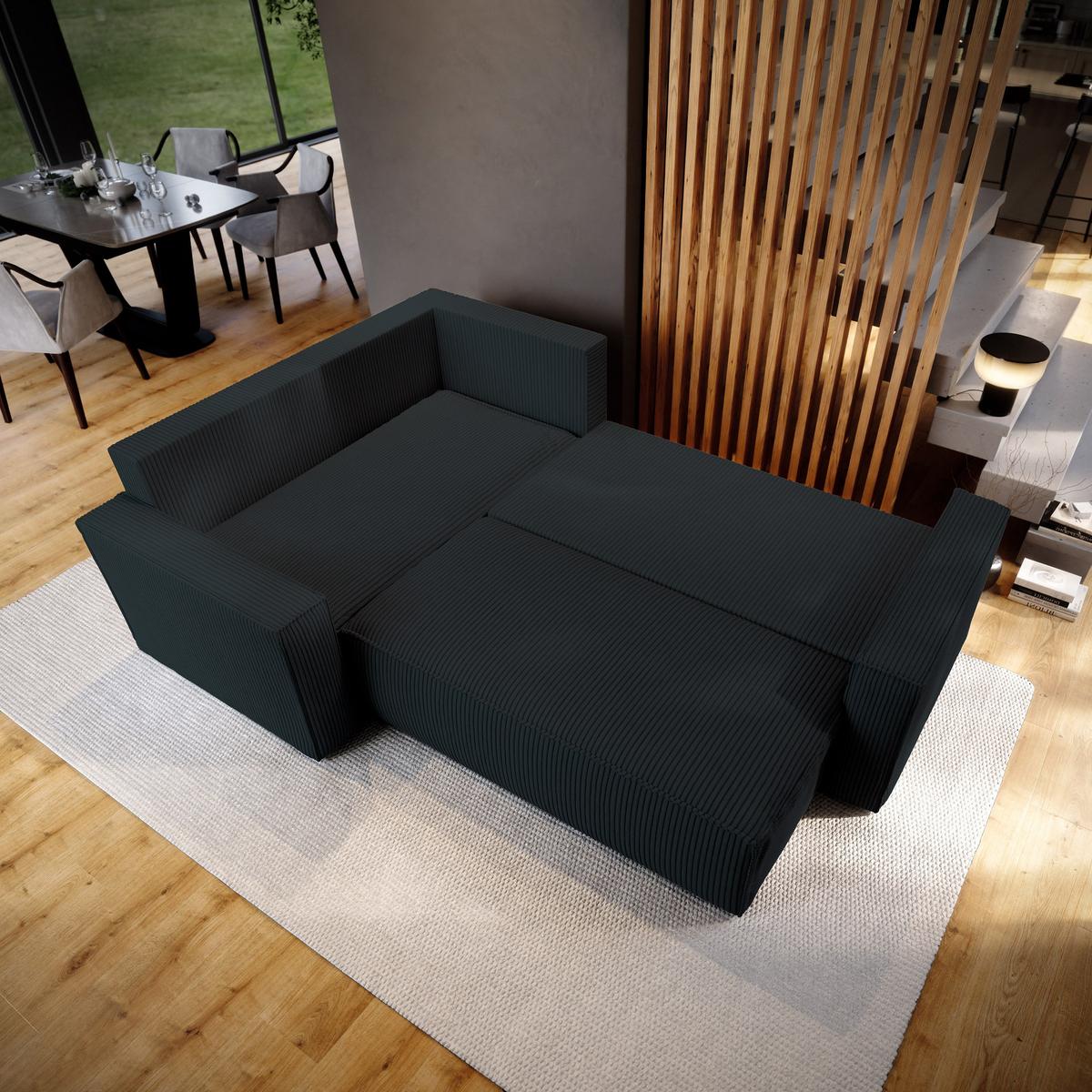 ECKSOFA ESTANO L-S Schwarz Kordstoff mit Schlaffunktion - Schwarz, Holz (230/158cm) - MASSENO