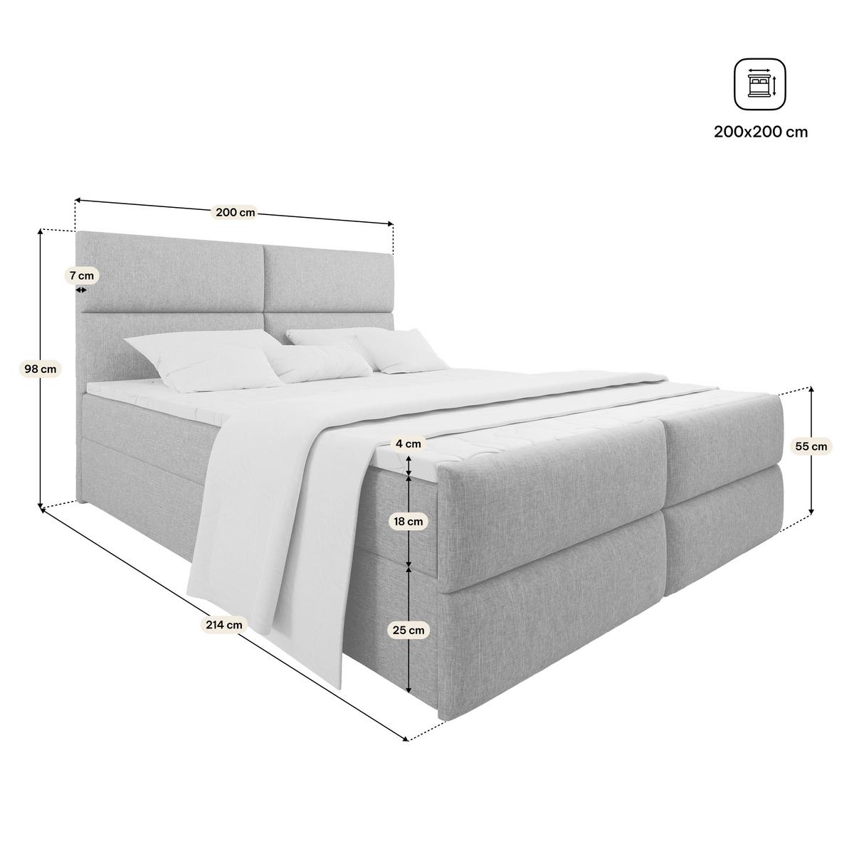 BOXBETT MULEN 200x200 cm mit Matratze und Topper, H2+H3 - Grau - Grau, Holz (200/200cm) - MASSENO
