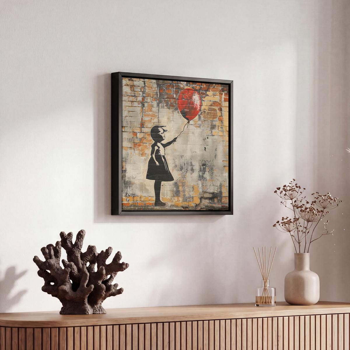 LEINWAND Bilder mit Rahmen - Graffiti - Banksy - Mädchen - Straßenkunst - 20x20 - Sandfarben, Textil (20/20cm) - MuchoWow