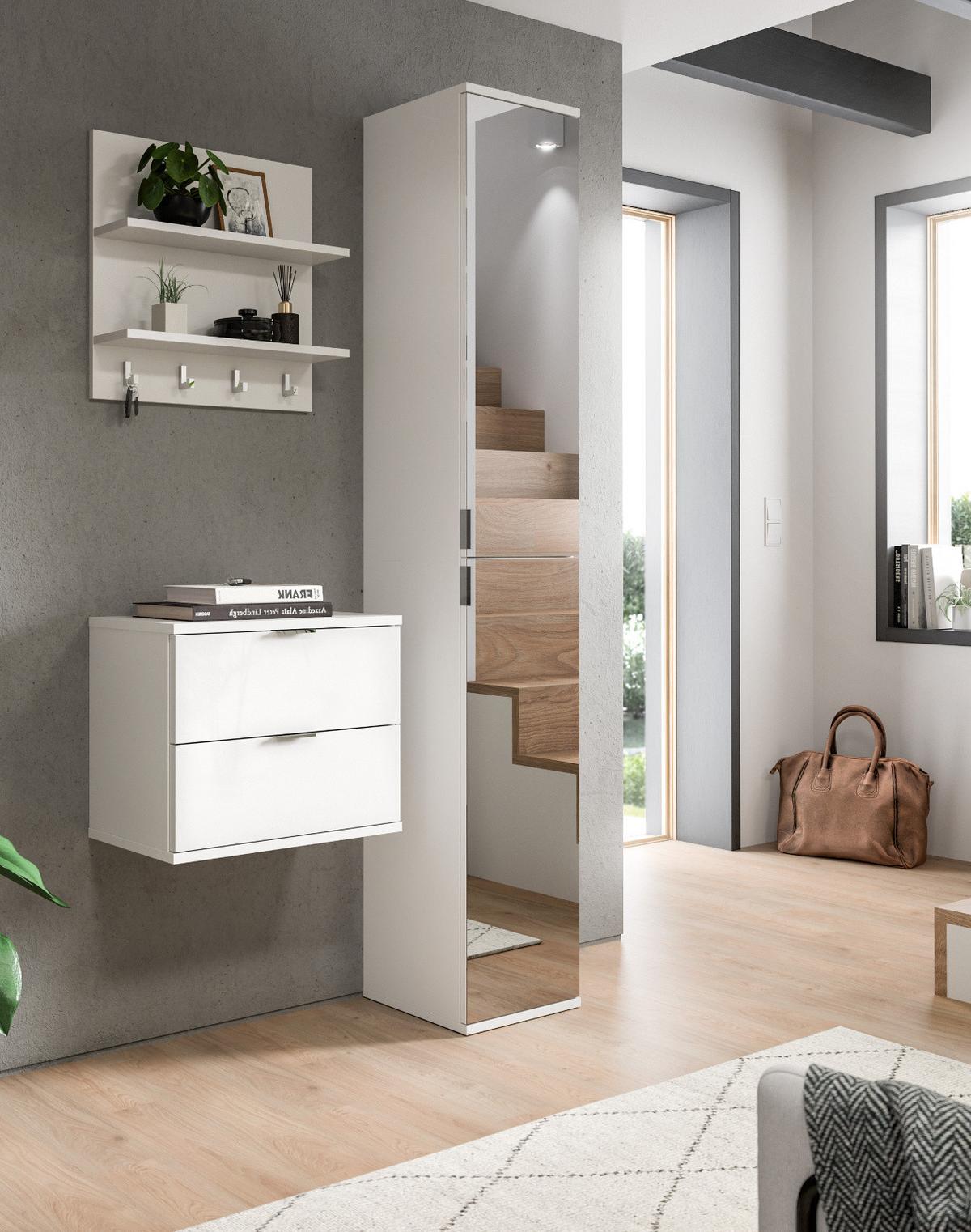 GARDEROBE Set 3-teilig weiß Hochglanz 97 cm, Komplettset mit Spiegel - Chromfarben/Weiß Hochglanz, Glas/Holzwerkstoff (97/193/34cm) - Inn.Furn