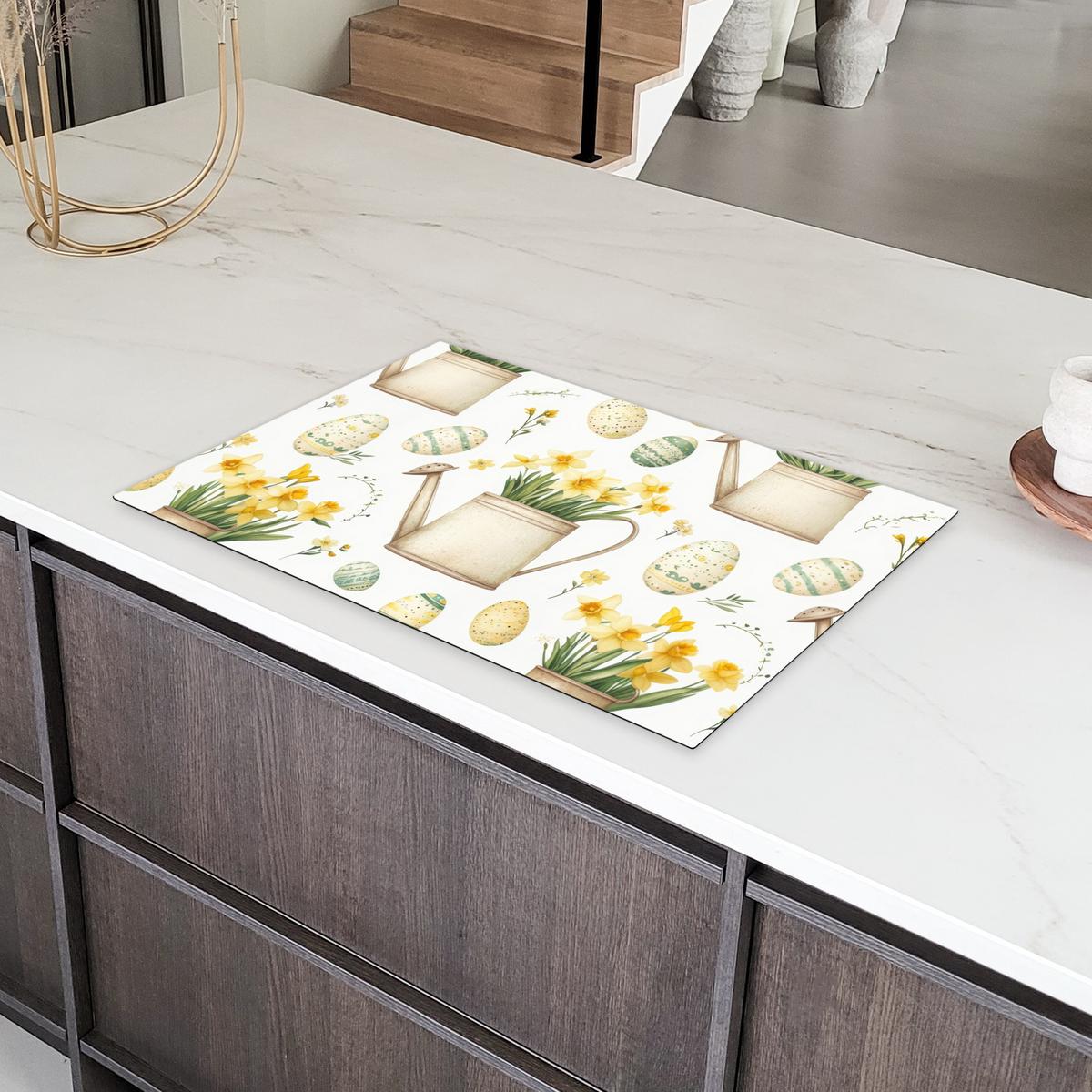 HERDABDECKPLATTE Gießkanne - Blumen - Eier Ceranfeldabdeckung 80x52 cm - Weiß, Kunststoff (80/52/0.2cm) - MuchoWow