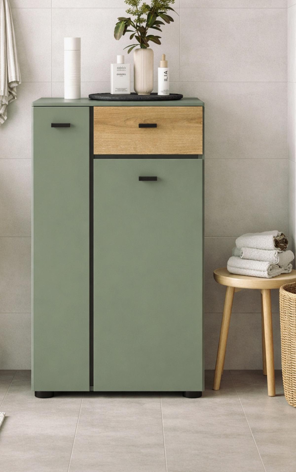 BADKOMMODE grün, Evoke Eiche 51 cm, Midischrank mit 7 Fächern - Eichefarben/Schwarz, Holzwerkstoff/Kunststoff (51/91/30cm) - Inn.Furn