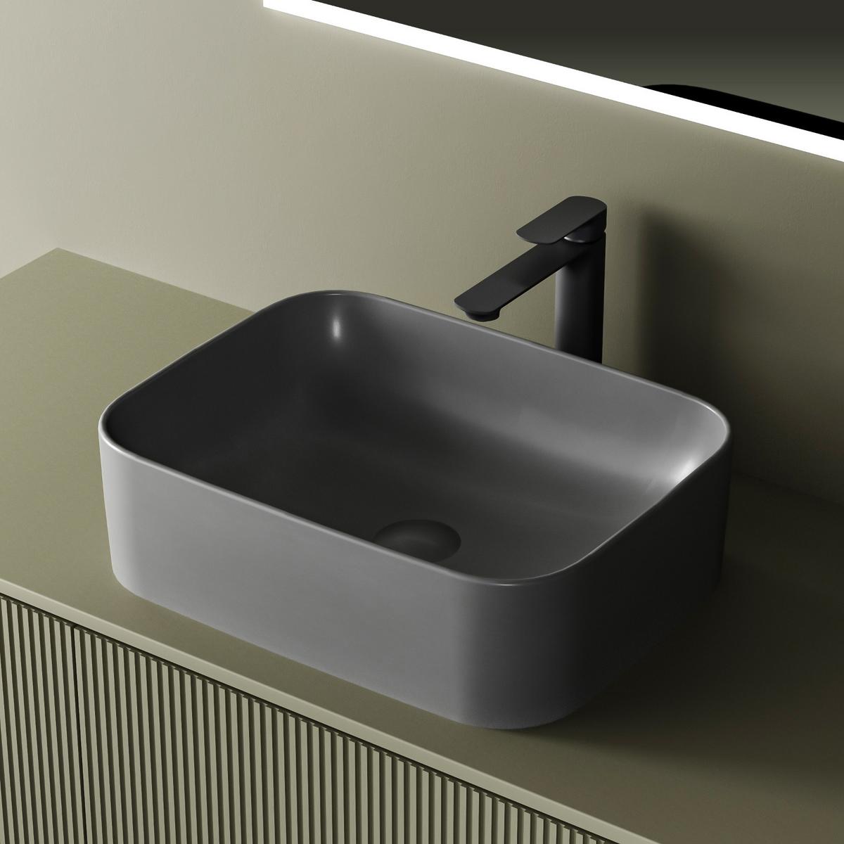 WASCHBECKEN Keramik Rechteck Abgerundete Matt Dunkelgrau 50,5 / 38 / 15 cm - Schwarz, Keramik (50.5/15/38cm) - EMKE