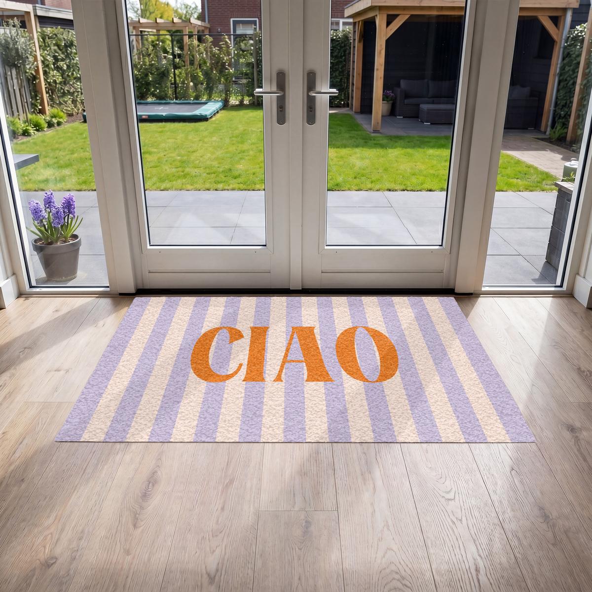 FUSSMATTE Ciao - Zitat - Pastell - Streifen Schmutzfangmatte 150x90 cm - Flieder, Kunststoff (150/0.4cm) - MuchoWow