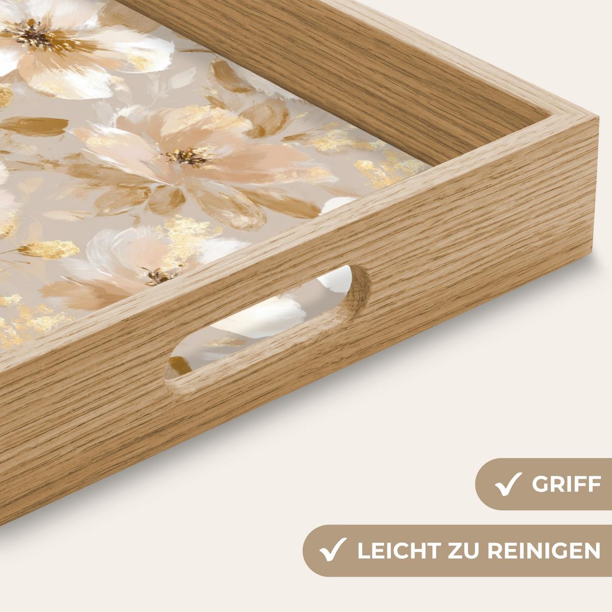 TABLETT Blumen - künstlerisch - Gold 50x35 cm - Beige, Holz (50/5/5cm) - OnlyWow
