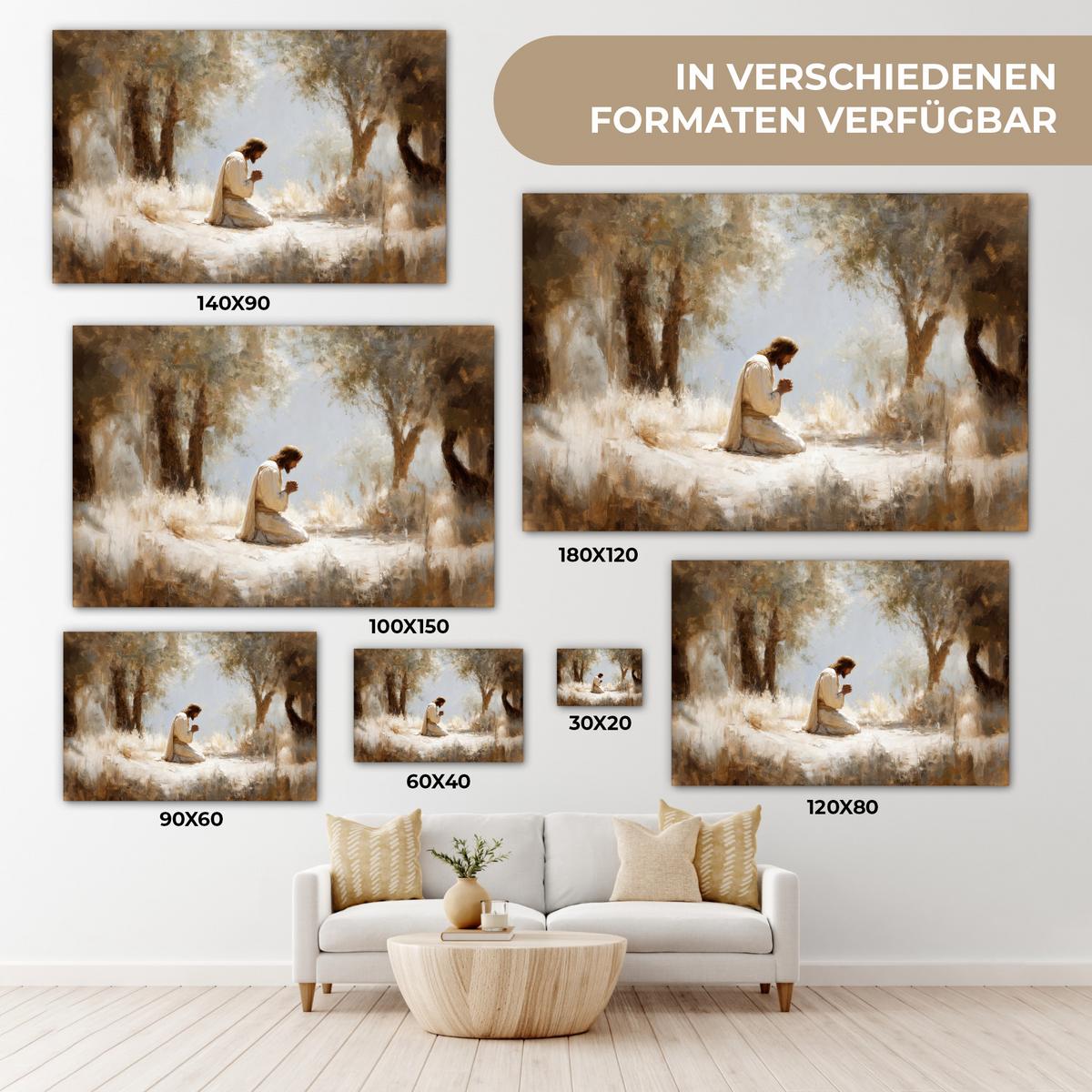 LEINWANDBILD Jesus - Kniend - Waldlandschaft - Betend Groß 140x90 cm - Beige/Hellblau, Textil (140/90cm) - MuchoWow