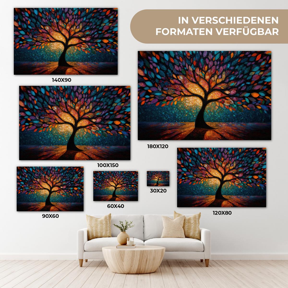 LEINWANDBILD Mosaik - Bunt - Baum - Äste Wohnzimmer Groß 120x80 cm - Multicolor, Textil (120/80cm) - MuchoWow