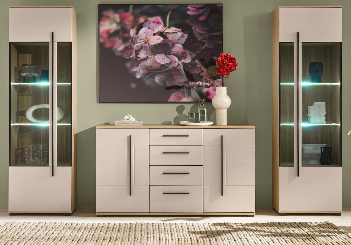 WOHNWAND Kaschmir, Eiche 3-teilig 290 cm, Wohnzimmer Set mit Soft-Close - Kaschmir/Eichefarben, Glas/Holzwerkstoff (290/200/42cm) - Furn.Design