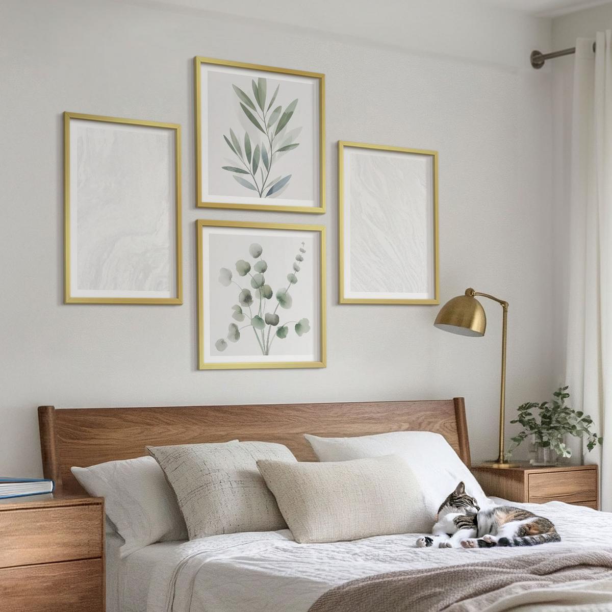 BILDER SET 4er Set - 50x50 cm & 40x60 cm Goldrahmen - Marmorstruktur, pastellfarbene Zweige - Goldfarben, Kunststoff (50/50cm) - TULUP