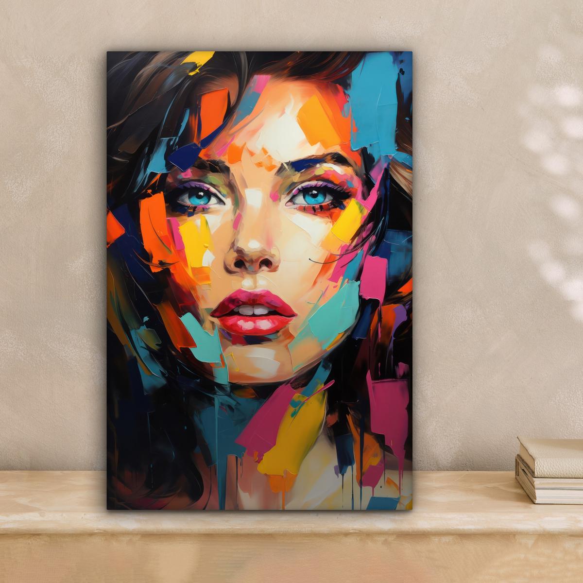 LEINWANDBILD Frau - Porträt - Farbenfroh - Kunst Deko Wohnzimmer 20x30 cm - Multicolor, Textil (20/30cm) - MuchoWow