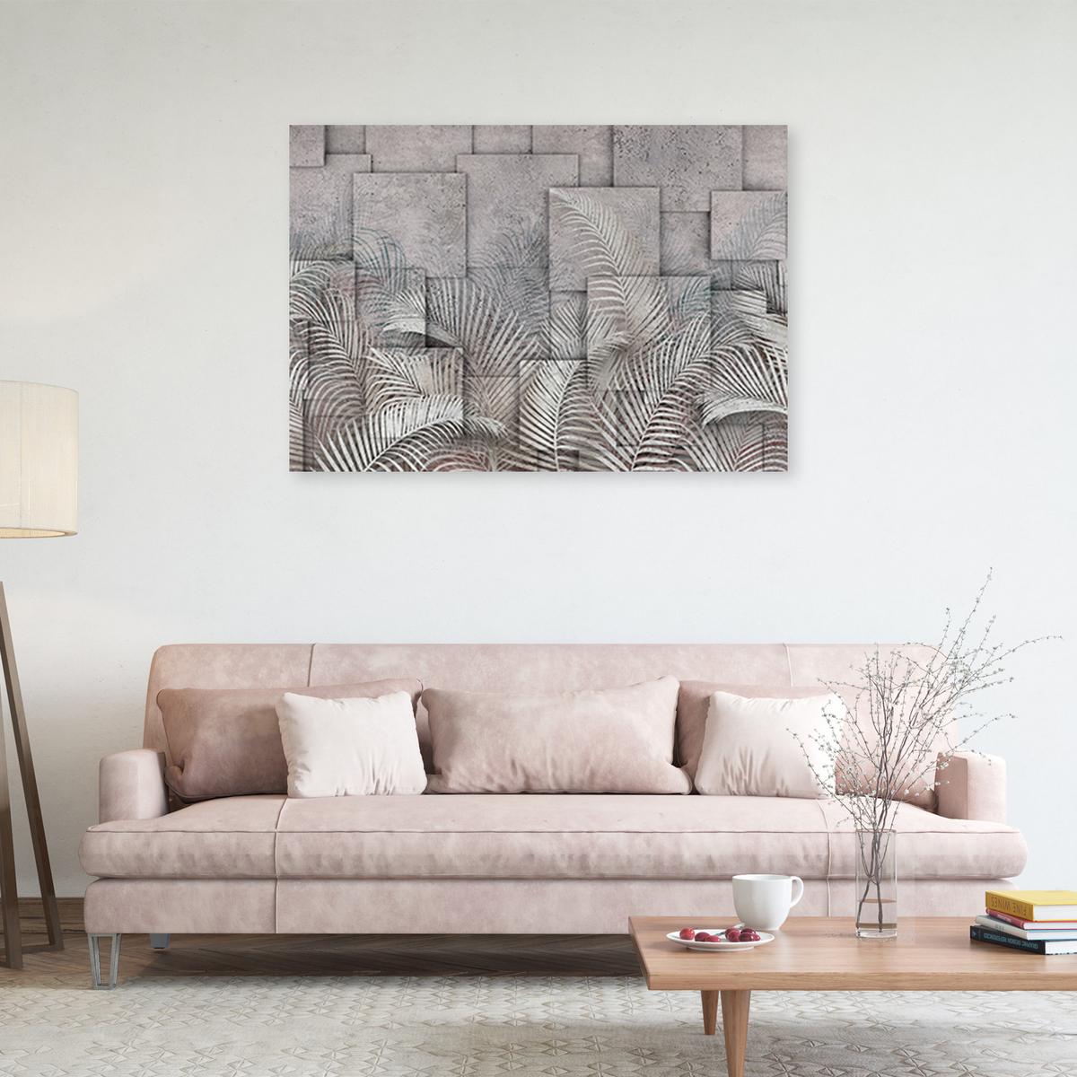 WANDBILD 3d palmen blätter beton textur - Grau, Textil (60/40cm) - Feeby