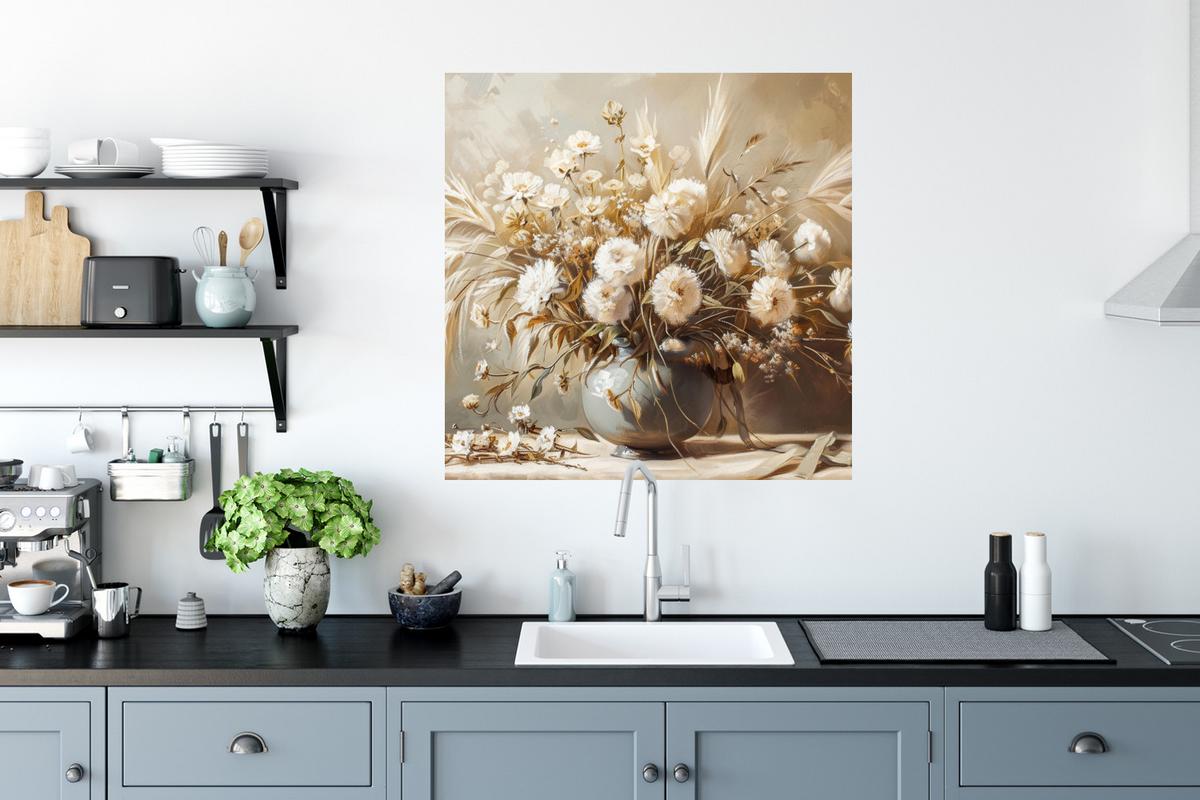 WANDTATTOO Blumen - Vase - Stilleben - Beige Wanddeko 50x50 cm - Creme, Kunststoff (50/50/0.1cm) - MuchoWow