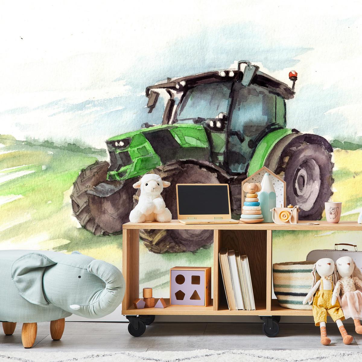 FOTOTAPETE für Kinderzimmer Aquarell Grüner Traktor Feld 300x210 - Gelb/Schwarz, Papier (300/210cm) - Muralo