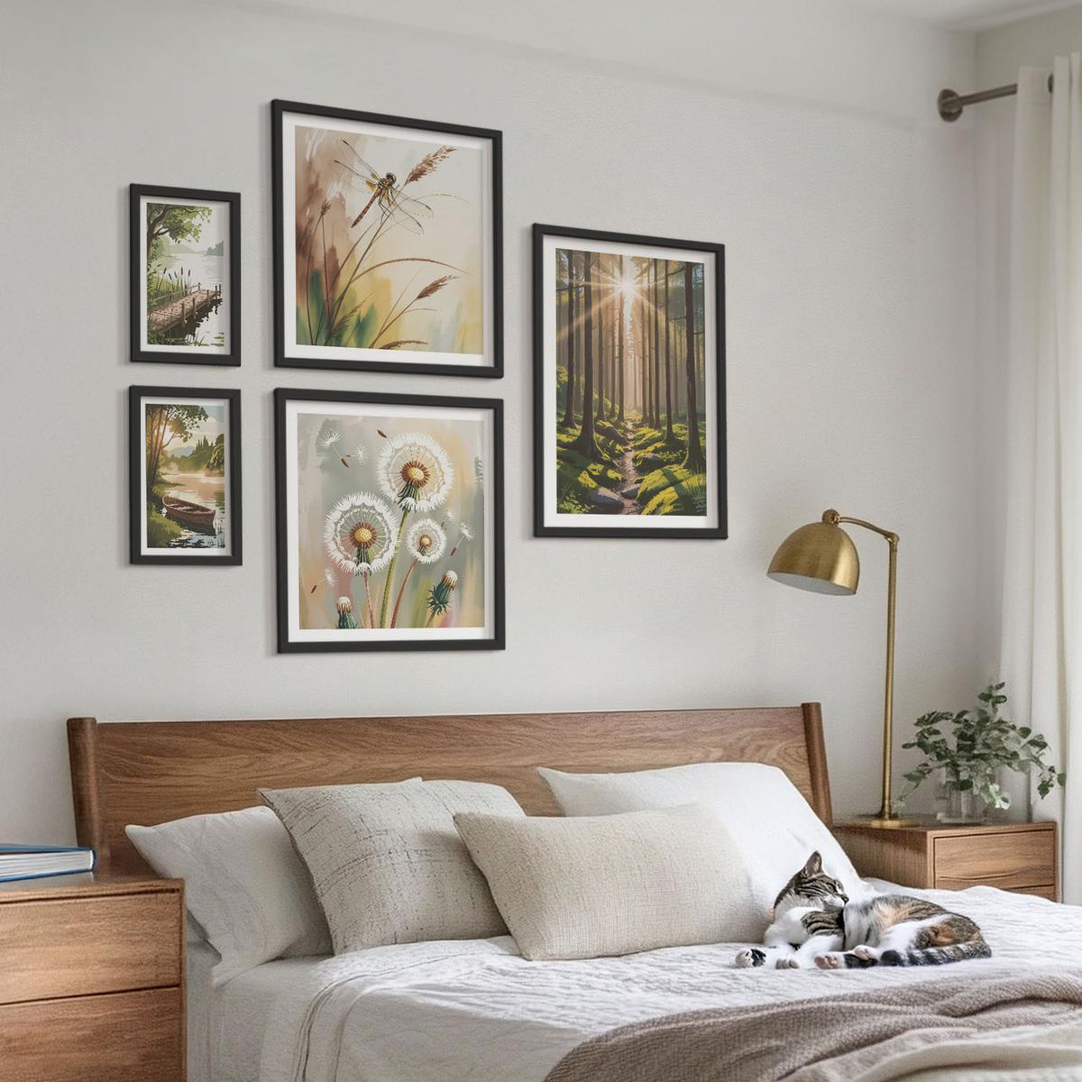 BILDER SET 5er Set - 50x50 cm & 20x30 cm & 40x60 cm Schwarzer Rahmen - See, Wald, Boot, Morgennebel - Schwarz, Kunststoff (40/60cm) - TULUP