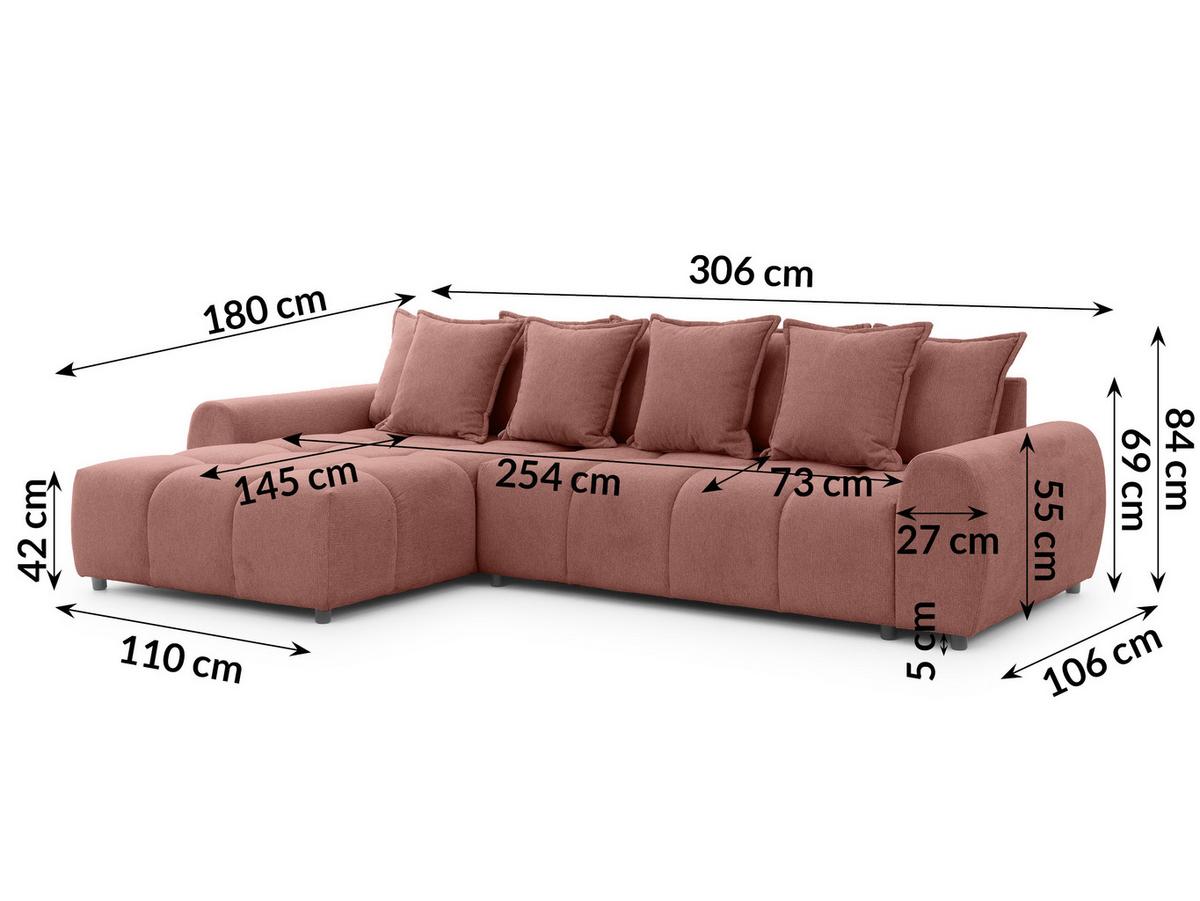 ECKSOFA Bubble mit losen Rückenkissen und Sitzfläche in Bubble-Optik aus weichem Terrakotta Strukturstoff mit schöner Sitzkomfort - Ottomane links - Terracotta/Schwarz, Holz/Kunststoff (180/306cm) - S-Style Möbel