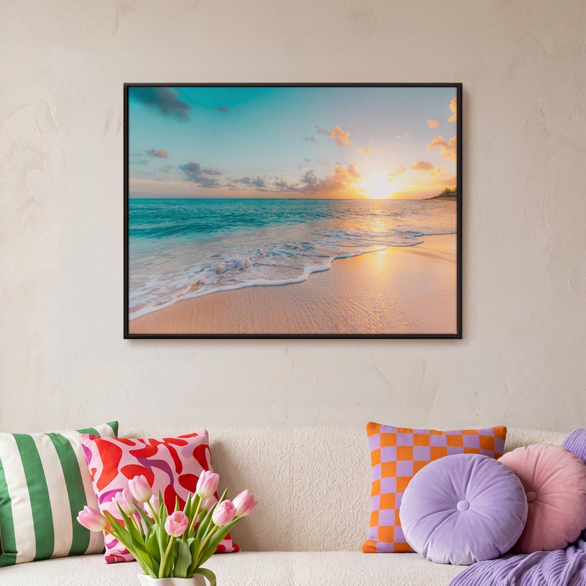 LEINWAND Bilder mit Rahmen - Sonnenuntergang - Strand - Meer - Sommer - Blau - 80x60 - Multicolor, Textil (80/60cm) - MuchoWow