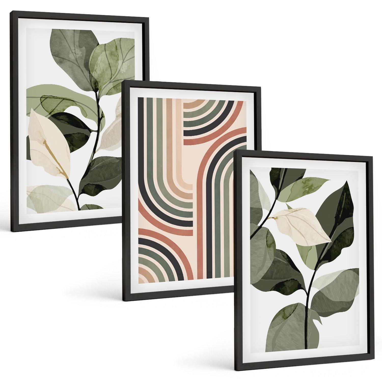 BILDER SET 3er Set - 40x60 cm Schwarzer Rahmen - Geometrische Pflanzenmotive - Schwarz, Kunststoff (40/60cm) - TULUP