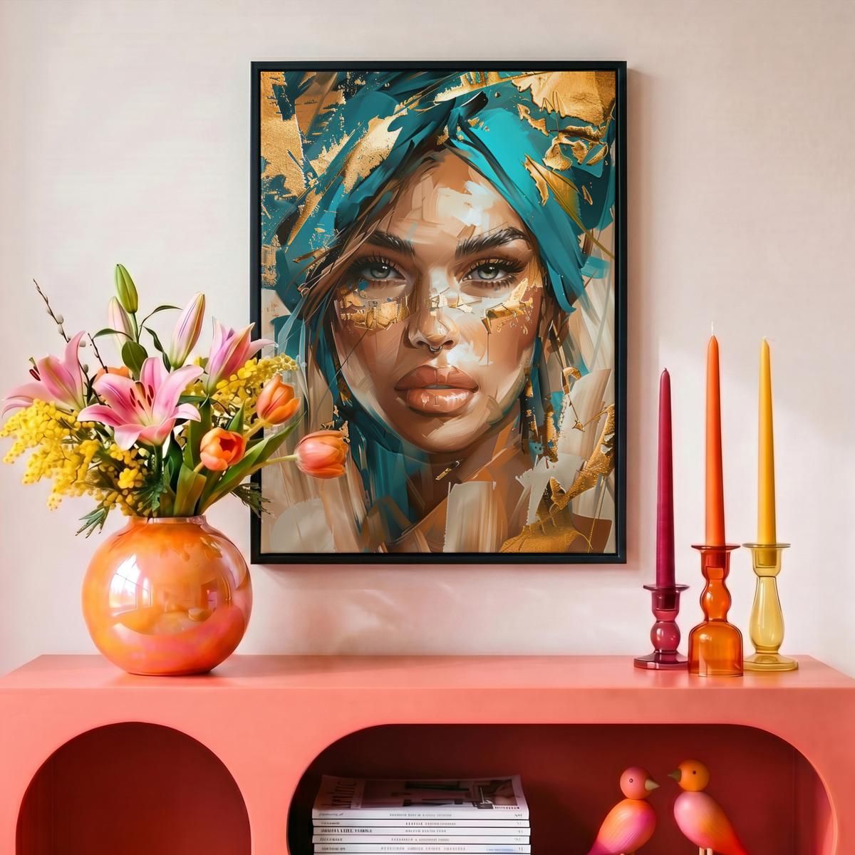 LEINWAND Bilder mit Rahmen - Frau - Porträt - Gold - Luxus - Blau - 30x40 - Türkis, Textil (30/40cm) - MuchoWow