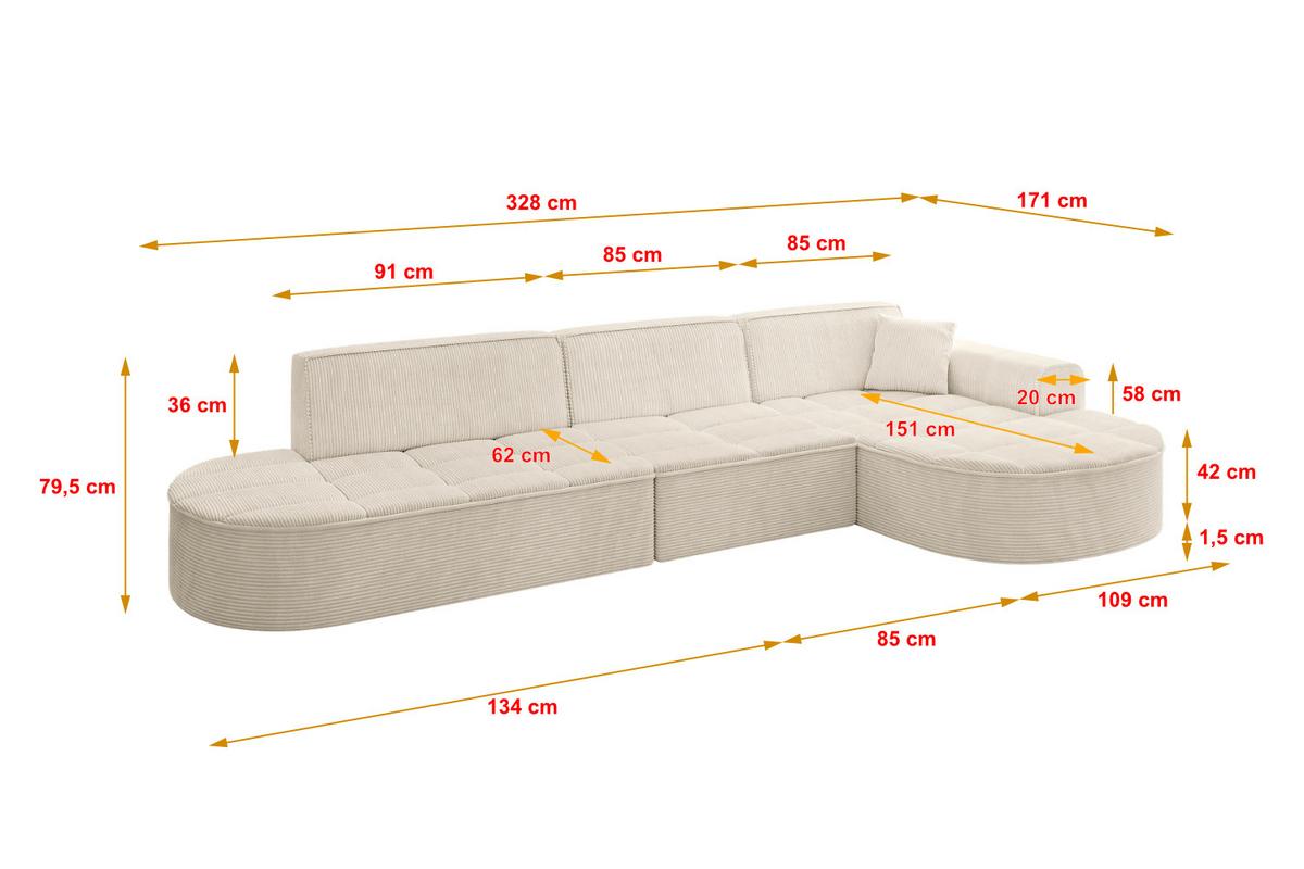 ECKSOFA Ottomane Rechts TARO-L2 - 328x171x79,5 cm Beige - Beige, Holzwerkstoff/Textil (328/171cm) - ALTDECOR