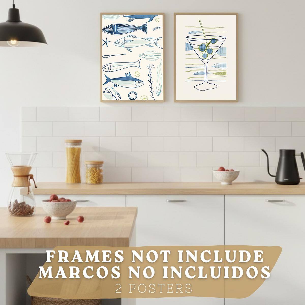 POSTER 2er Set Küchen-Wandbilder Fische Strichzeichnung und Martini Aquarell Minimalistisch Wanddeko Rahmenlos A4 - Klar, Papier (29.7/1/21cm) - Nacnic