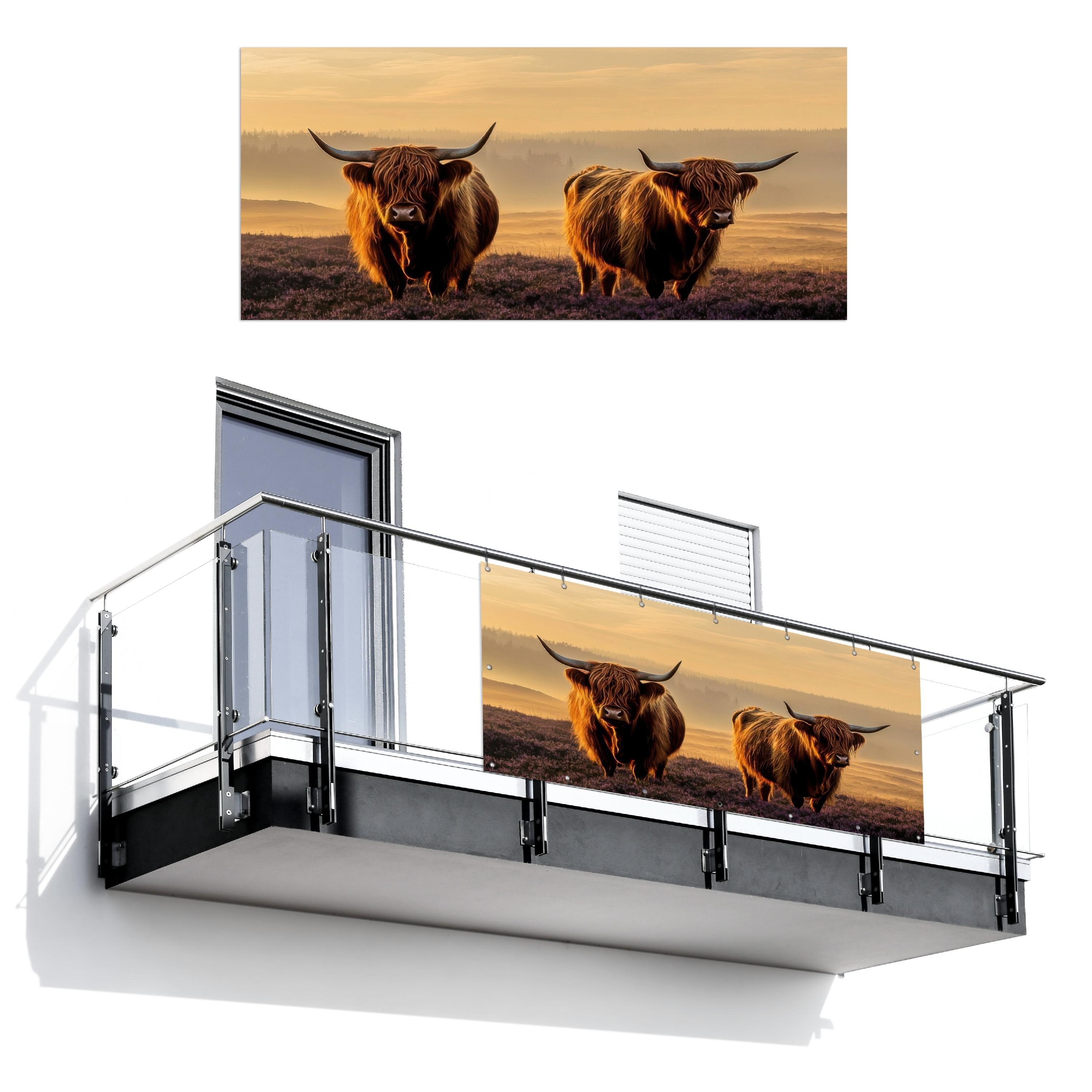 BALKON-SICHTSCHUTZ Schottische Hochlandbewohner - Heide - Landschaft - Tiere Witterungsbeständig 200x90 cm - Cognac, Kunststoff (200/90cm) - MuchoWow