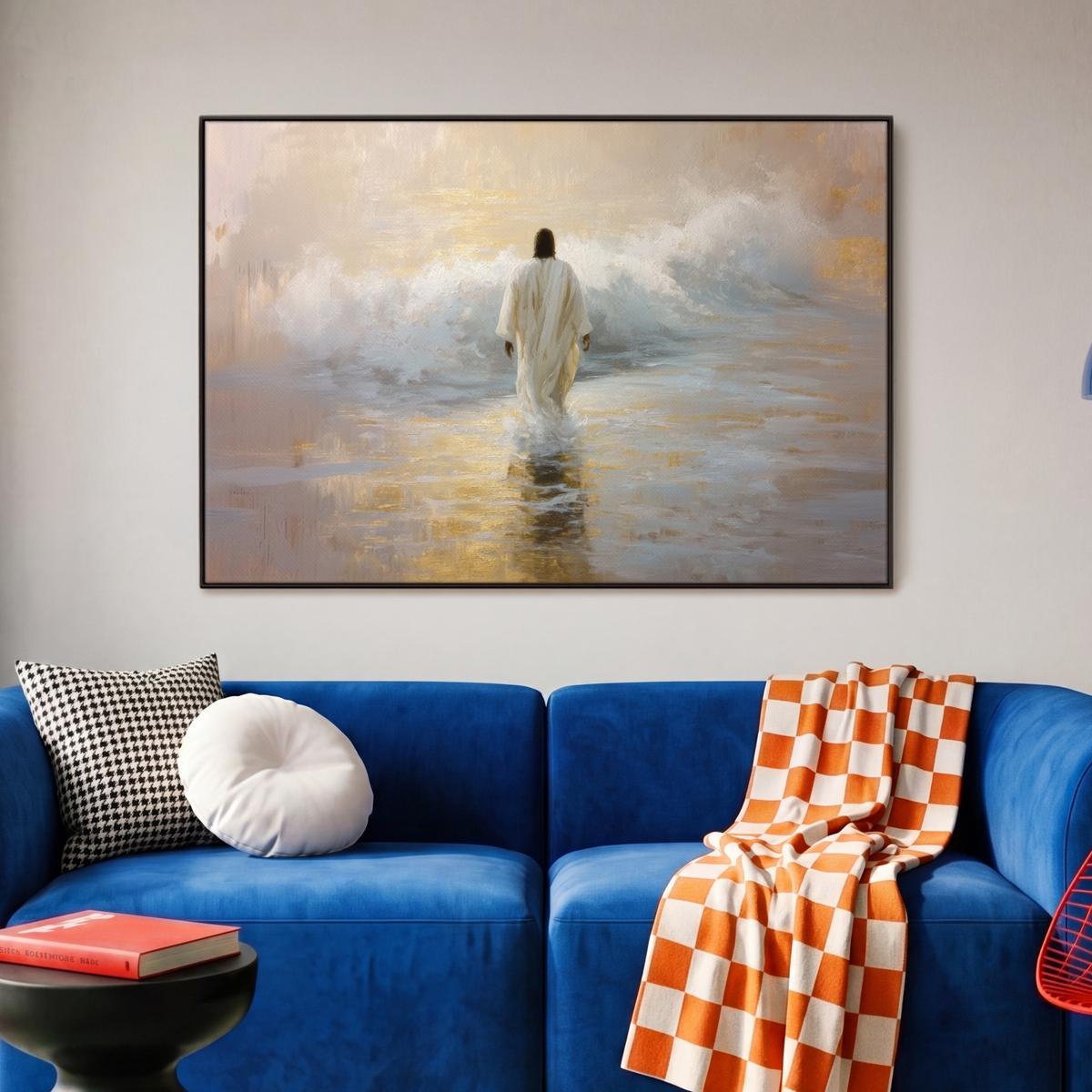LEINWAND Bilder mit Rahmen - Gemälde - Welle - Jesus - Abstrakt - 90x60 - Goldfarben, Textil (90/60cm) - MuchoWow
