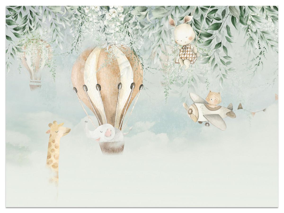 FOTOTAPETE für Kinderzimmer Tiere Wolken Ballons Giraffe Elefant 100x70 - Beige/Braun, Papier (100/70cm) - Muralo