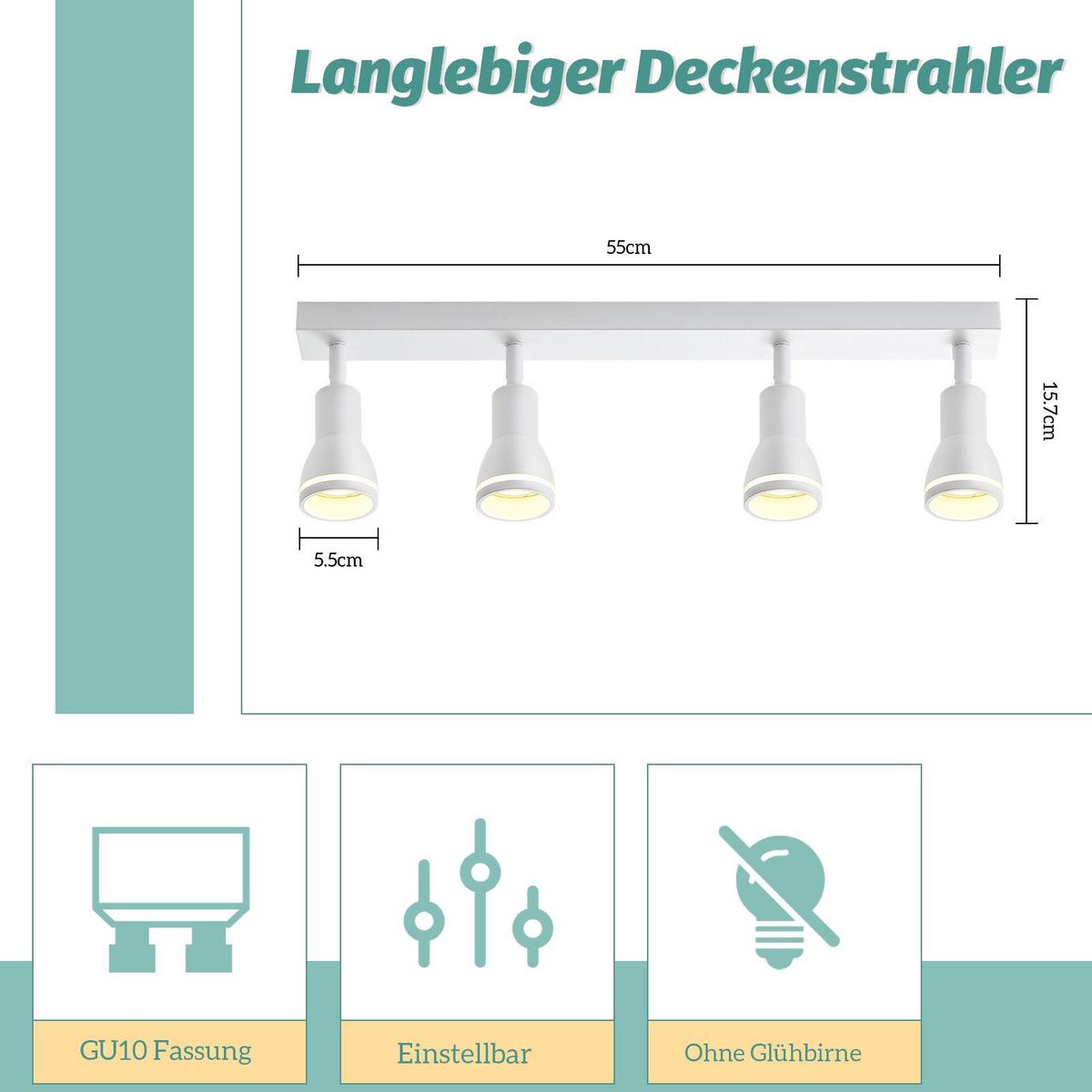 DECKENSTRAHLER Kissingen 4-flammig 55/5/15.7 cm - Weiß, Metall (55/5/15.7cm) - Nettlife