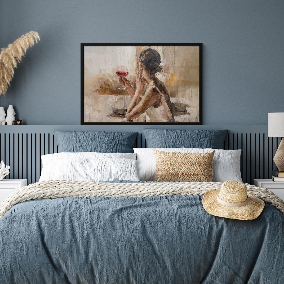 POSTER MIT RAHMENGERAHMTES BILD Ölgemälde - Frau - Wein 90x60 cm - Hellbraun, Papier (90/60cm) - MuchoWow
