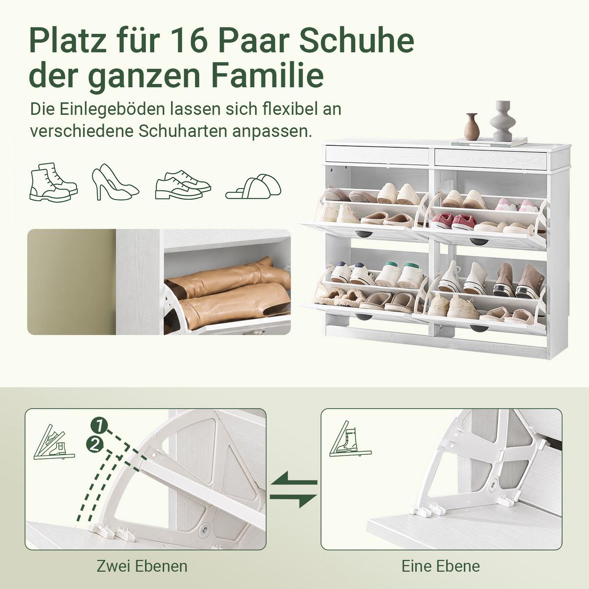 SCHUHSCHRANK weiß, 105x85x24 cm, 2 Schubladen, Retro-Holzoptik, nur 24 cm tief, Melaminharz-Beschichtung, für schmale Flure & Diele - Weiß, Holzwerkstoff (103/82/23cm) - SoBuy