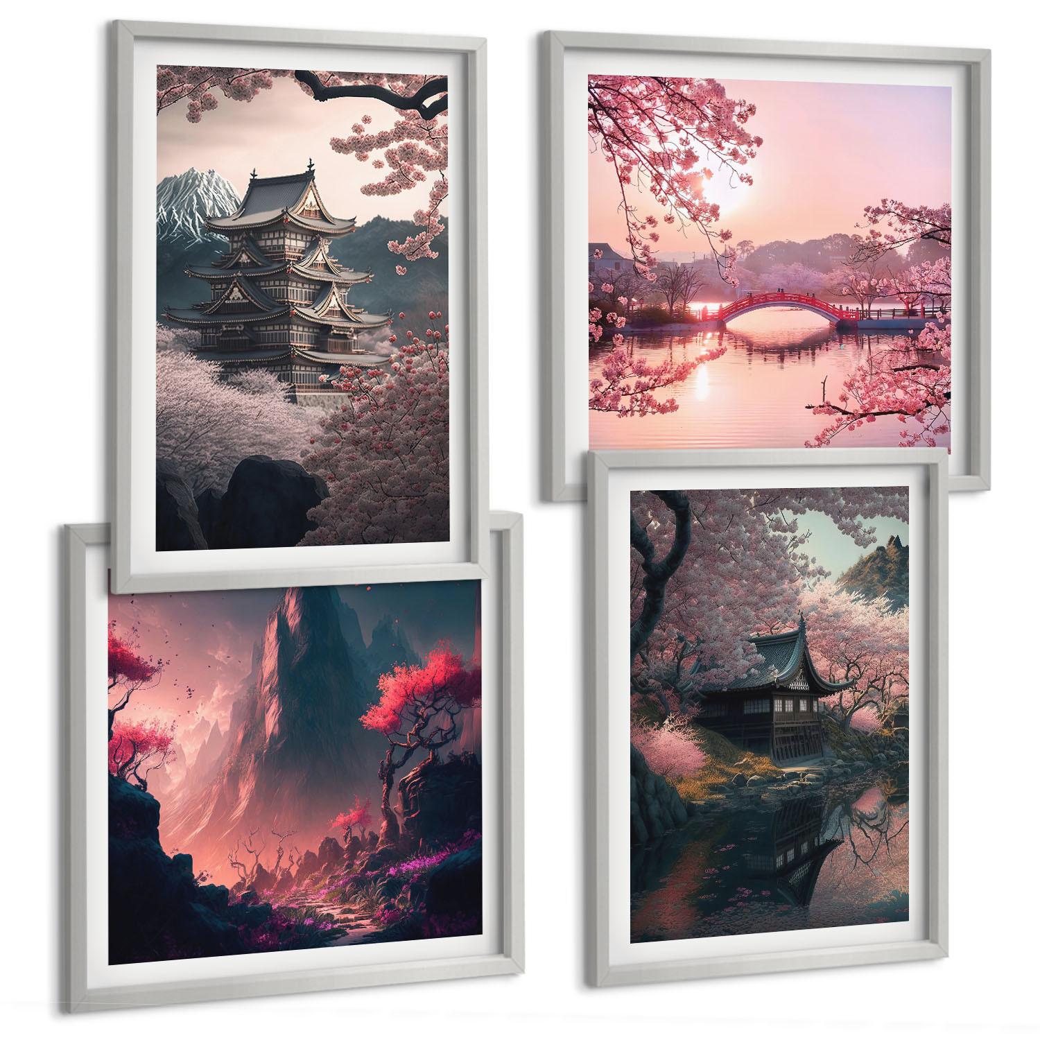 BILDER SET 4er Set - 50x50 cm & 40x60 cm Silberner Rahmen - Fantasielandschaften Japans - Silberfarben, Kunststoff (50/50cm) - TULUP