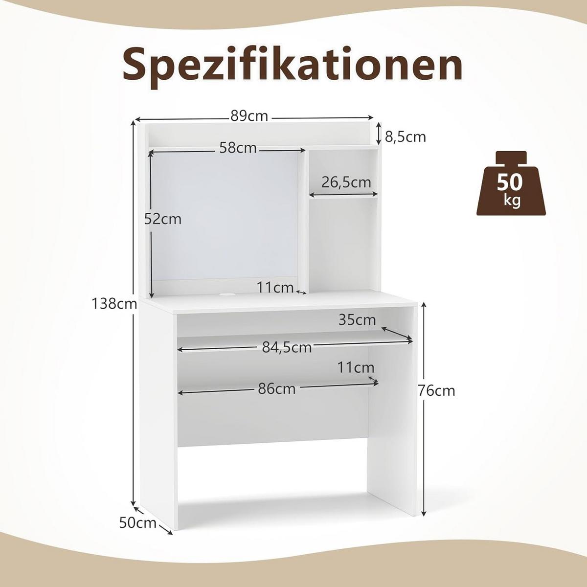 COMPUTERTISCH weiß - Weiß, Holzwerkstoff (50/89/138cm) - COSTWAY
