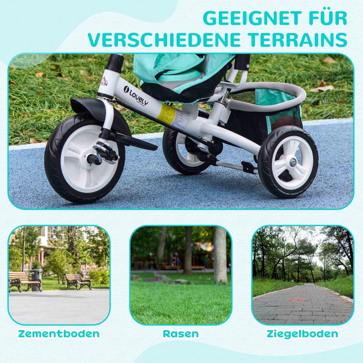 6-IN-1 Dreirad mit Schubstange, Kinderdreirad mit abnehmbarem Sonnendach Grün - Grün, Metall (102/49/102cm) - HOMCOM