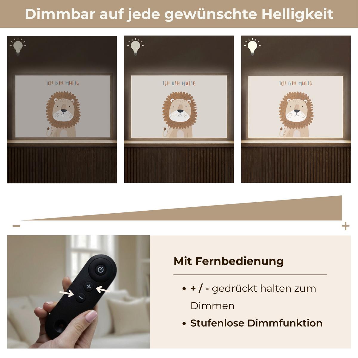 WANDLEUCHTE MIT AKKU Löwe - Beige - Tier - Mutig - Zitat 60x40 cm - Beige, Holzwerkstoff (60/40/8cm) - OnlyWow