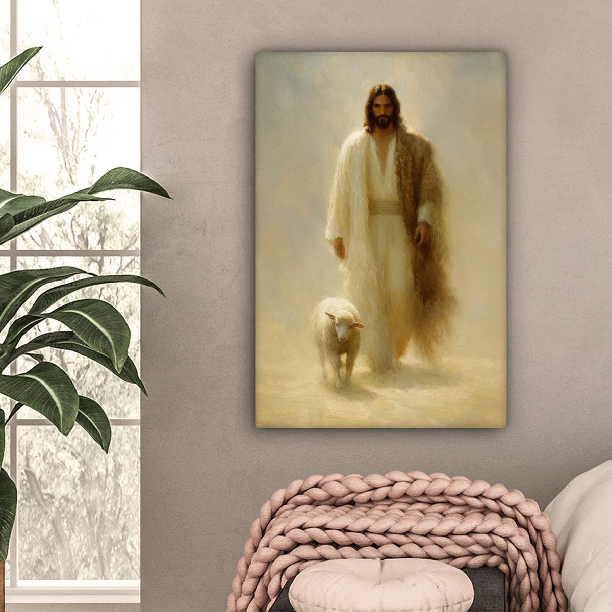 LEINWANDBILD Schaf - Jesus - Pinselstriche - Abstrakt Wanddeko Schlafzimmer 60x90 cm - Sandfarben, Textil (60/90cm) - MuchoWow
