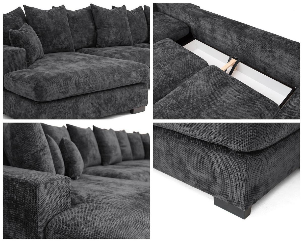 WOHNLANDSCHAFT Dahlia mit Schlaffunktion und Bettkasten in U-Form - Anthrazit Chenille 373/92/155 cm - Anthrazit/Schwarz, Kunststoff/Textil (373/92/155cm) - WFL GROUP