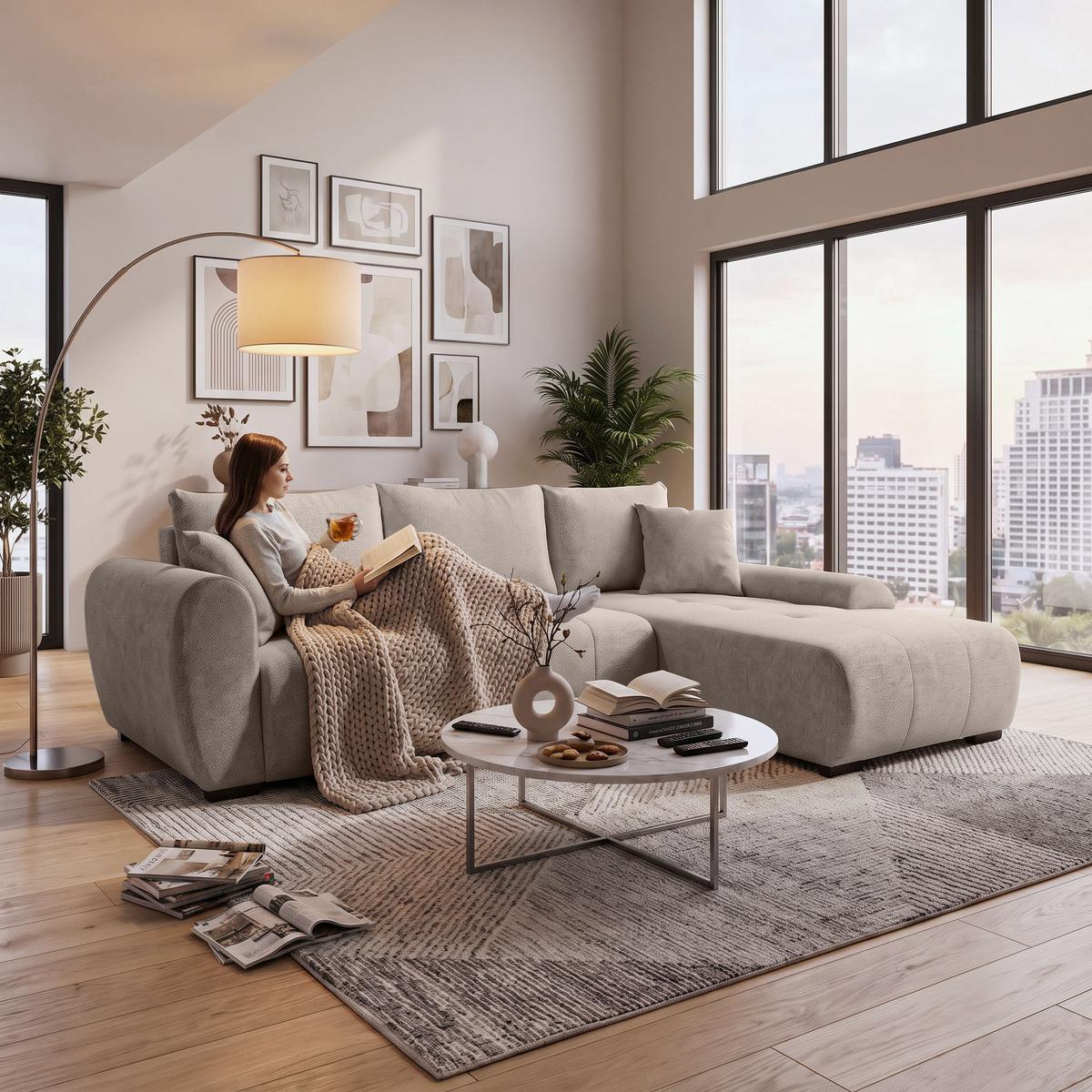 ECKSCHLAFSOFA Dallas mit Bettkasten, 255 cm, Beige, rechts, Velour-Stoff - Cappuccino, Textil (255/175cm) - Beautysofa