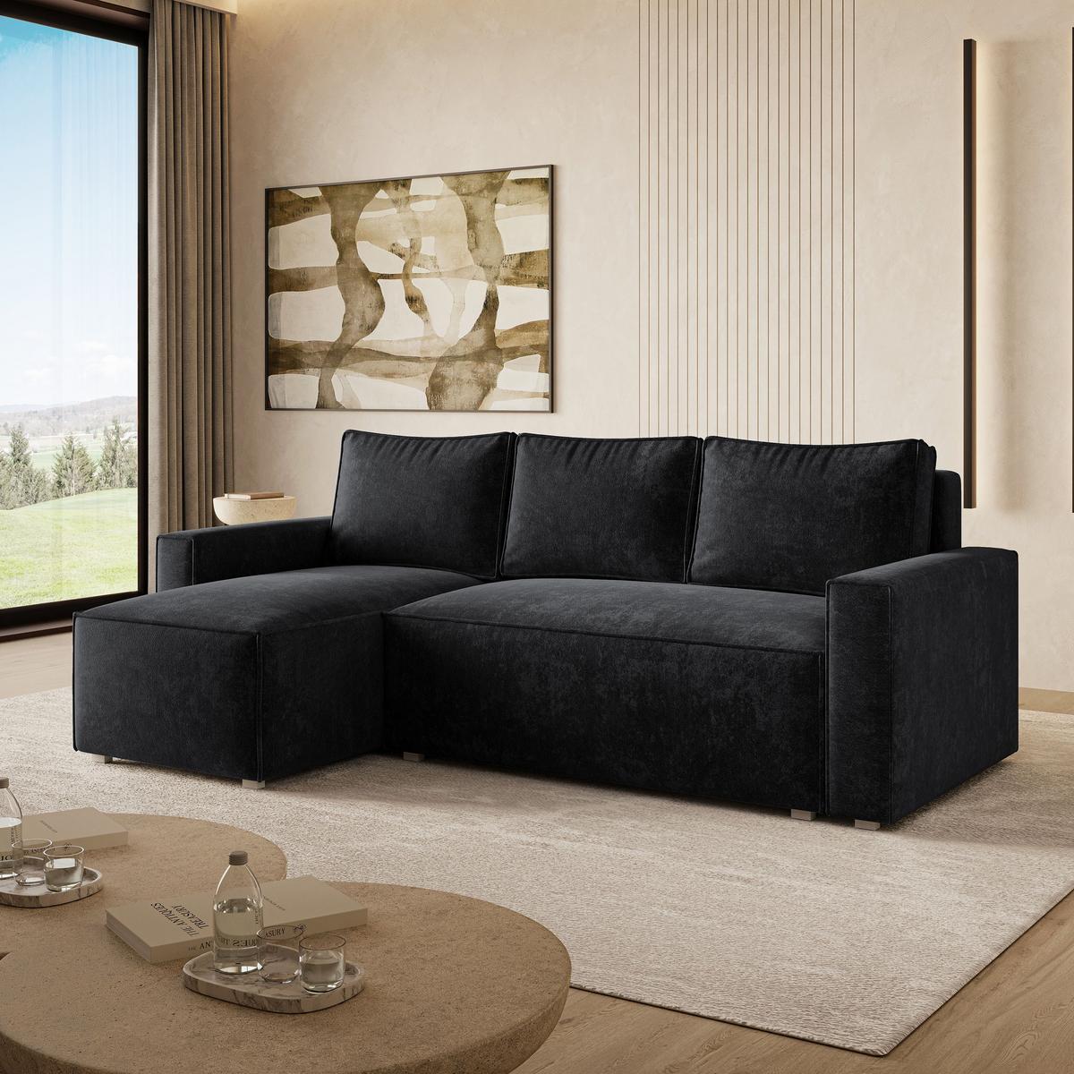 ECKSOFA POTARO LM Schwarz Chenille mit Schlaffunktion - Schwarz, Holzwerkstoff/Textil (232/140cm) - MASSENO