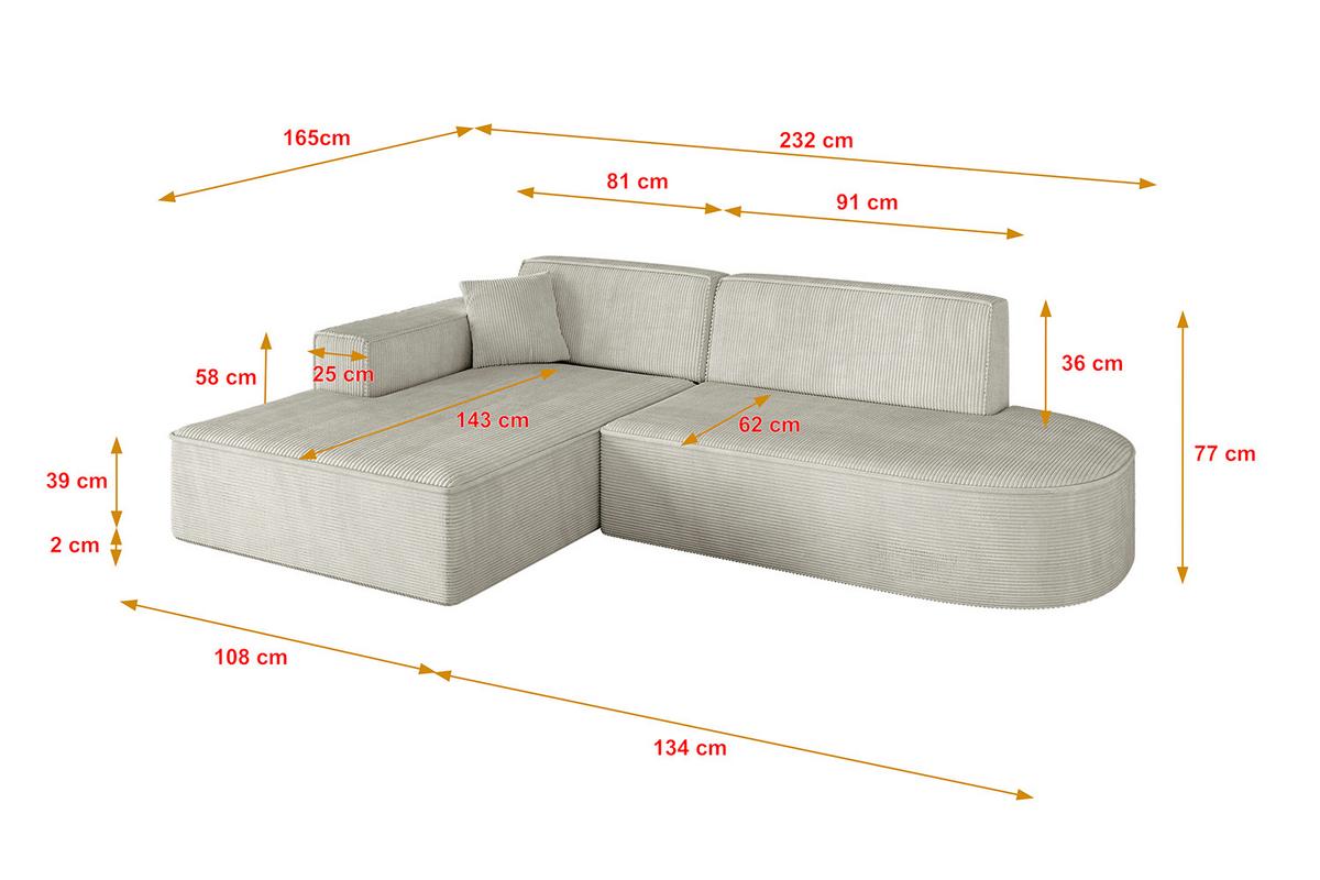ECKSOFA Ottomane Links IREA-L1-v4 - 232x165x77 cm Creme - Ecru/Creme, Holzwerkstoff/Textil (232/165cm) - ALTDECOR