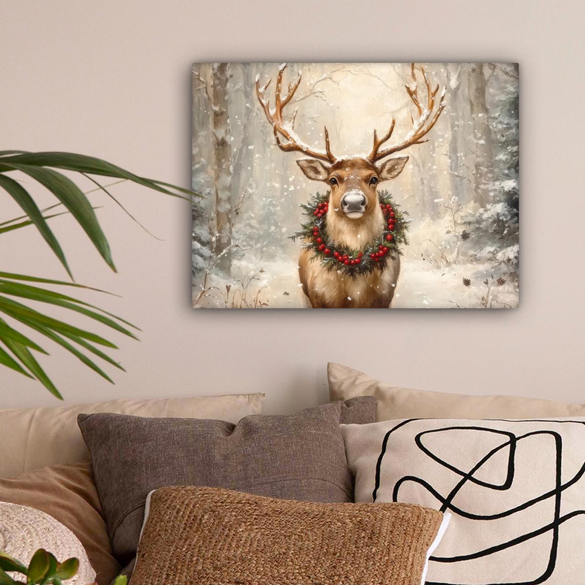 LEINWANDBILD Weihnachten - Rentier - Winter - Kranz Wandbild 40x30 cm - Naturfarben, Textil (40/30cm) - MuchoWow