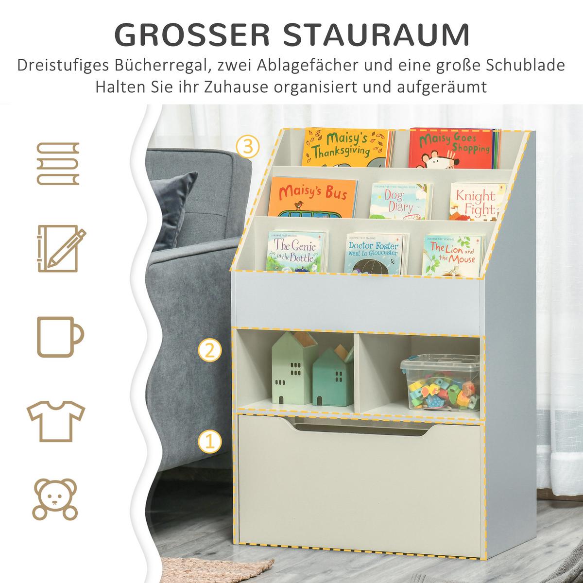 KINDER Bücherregal Kinderregal mit Schublade, 3 Ablagefächern, 2 offenen Fächern - Grau, Holzwerkstoff (29.9/90/60cm) - HOMCOM