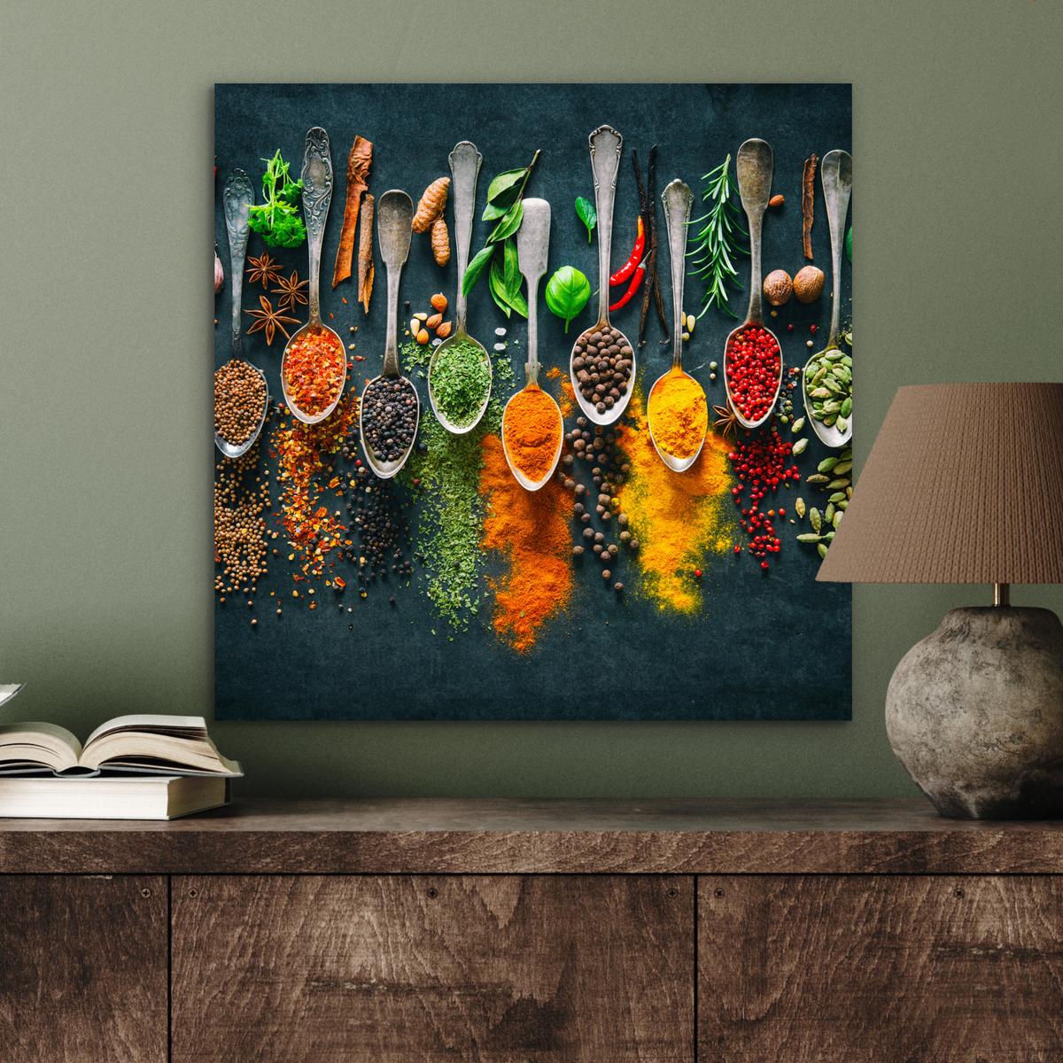 METALLBILD Kräuter - Gewürze - Löffel 50x50 cm - Currygelb, Metall (50/50cm) - MuchoWow