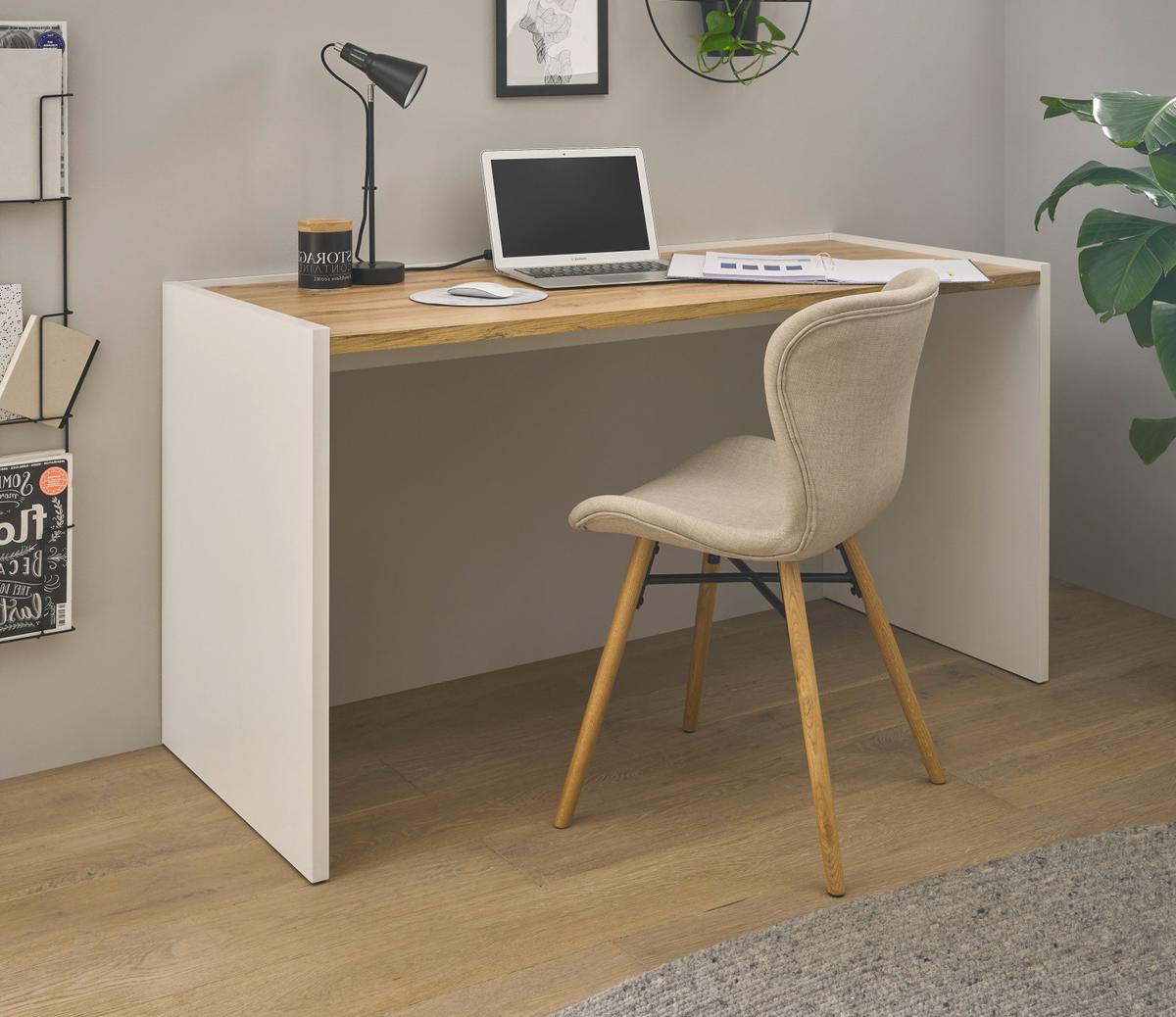 SCHREIBTISCH weiß matt, Eiche Wotan 143 x 62 cm, Laptoptisch mit großer Arbeitsfläche - Eiche Wotan/Silberfarben, Holzwerkstoff/Kunststoff (143/62/76cm) - Furn.Design