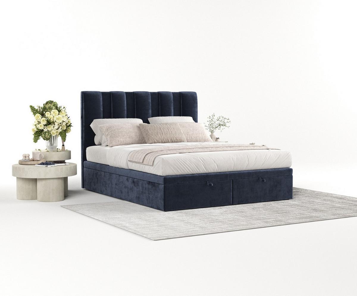 POLSTERBETT Orta mit Stauraum 140/200 cm Marineblau im Lotta Stoff - Schwarz/Dunkelblau, Holz/Holzwerkstoff (140/200cm) - AltaBeds