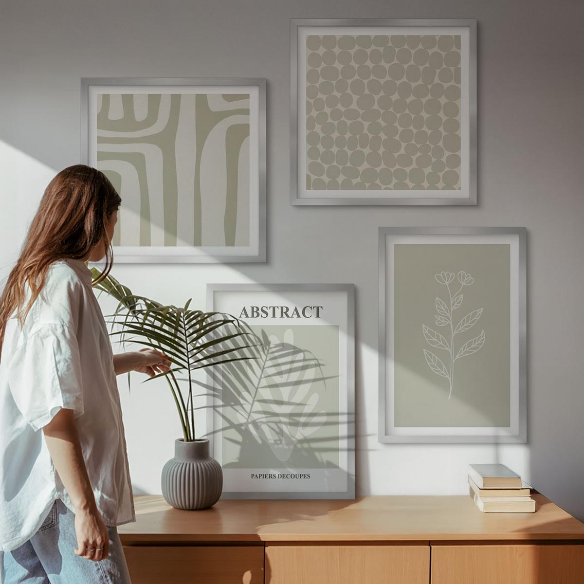 BILDER SET 4er Set - 50x50 cm & 40x60 cm Silberner Rahmen - Abstrakte Pflanzenmuster - Silberfarben, Kunststoff (50/50cm) - TULUP