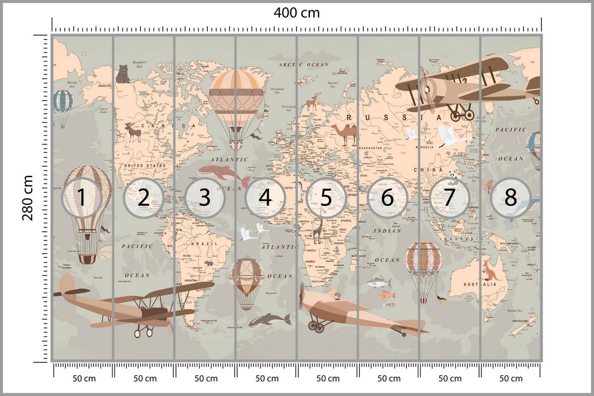 FOTOTAPETE für Kinderzimmer Retro Weltkarte Balony Flugzeuge 400x280 - Beige/Orange, Papier (400/280cm) - Muralo