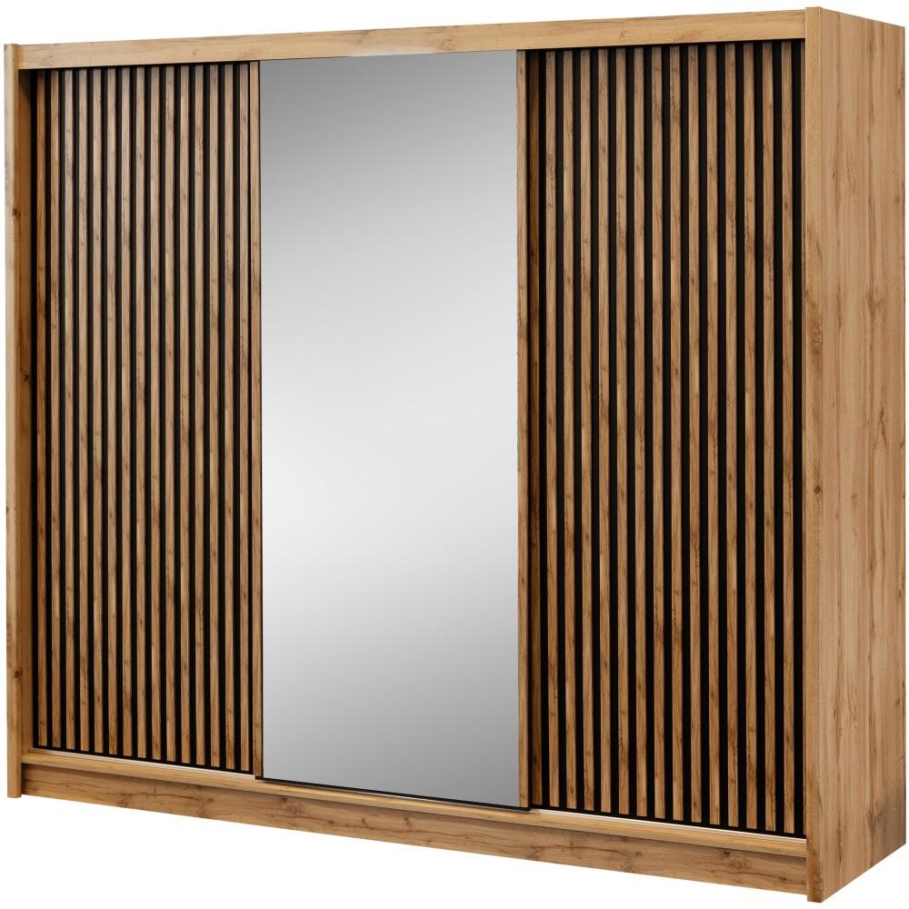 SCHWEBETÜRENSCHRANK Leroy mit Spiegel und Lamellen, 250 cm, Schwarz+eiche Wotan - Eiche Wotan/Schwarz, Holzwerkstoff (250/215/60.5cm) - Beautysofa