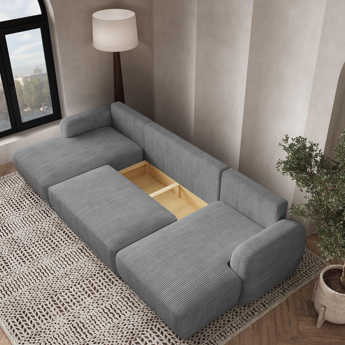 WOHNLANDSCHAFT SAVONA P Grau Kordstoff mit Schlaffunktion - Schwarz/Grau, Holz/Kunststoff (320/90/148cm) - MASSENO