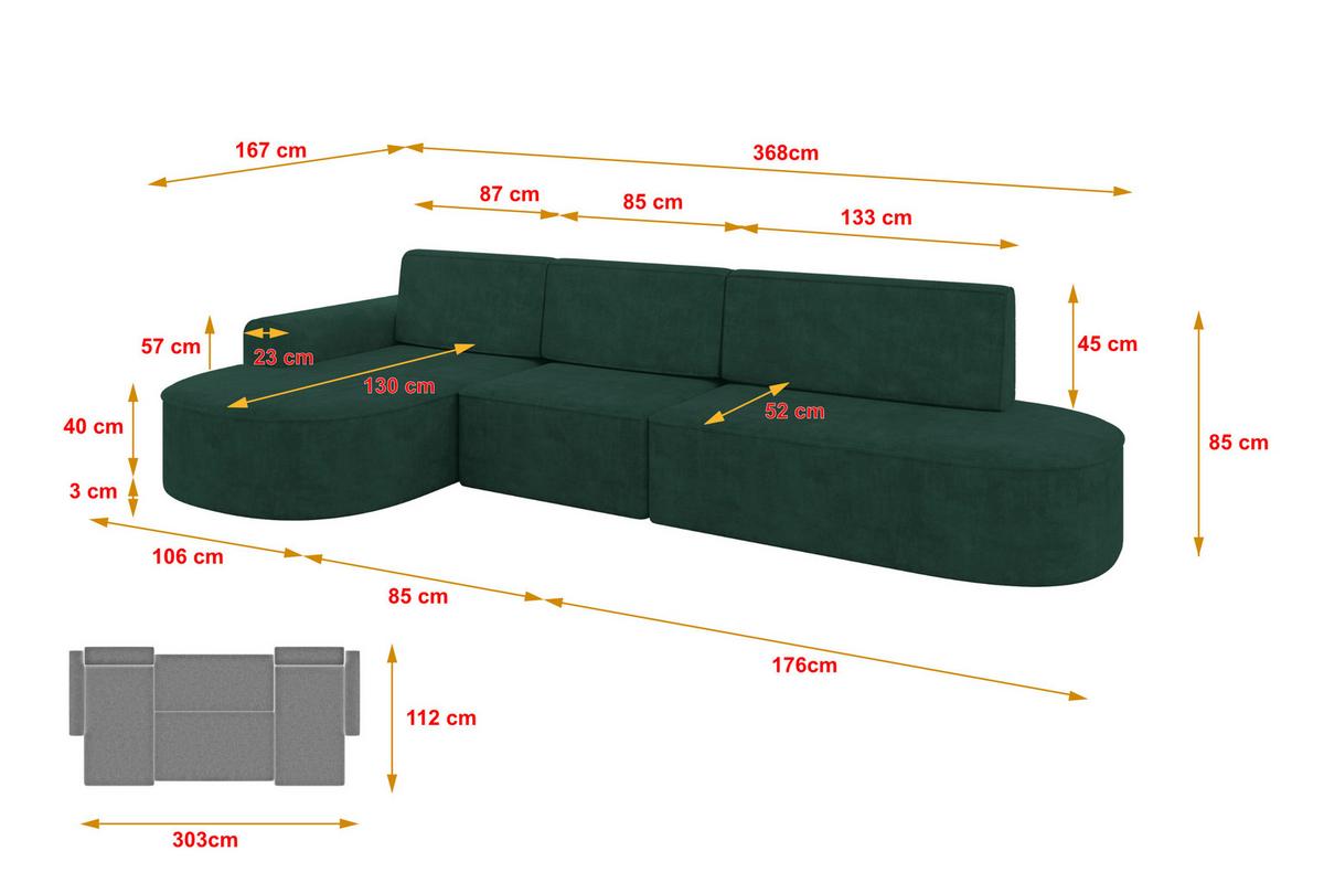 ECKSOFA mit Schlaffunktion Ottomane Links MARI L2-S 368X167X85 Grün Velours - Waldgrün/Schwarz, Holzwerkstoff/Kunststoff (368/167cm) - ALTDECOR
