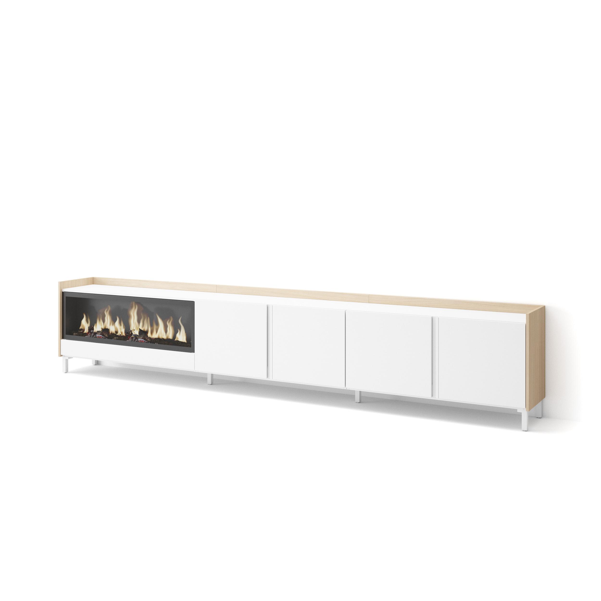 LOWBOARD, Weiß und Eiche, 315/35/61cm, Kamin mit Feuereffekt XXL - Weiß, Holzwerkstoff (315/61/35cm) - Skraut Home